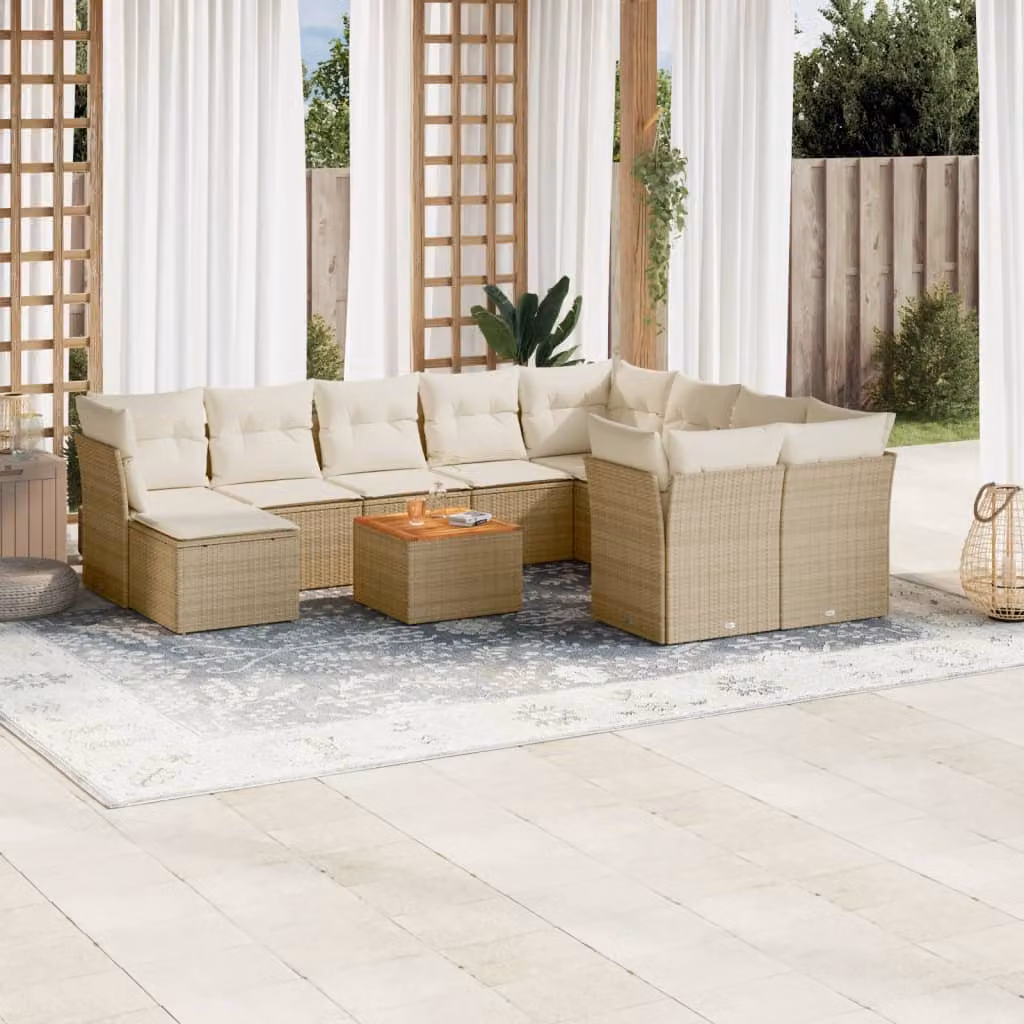 vidaXL Set Divani da Giardino 11 pz in Polyrattan con Cuscini Beige e Tavolino da Esterno
