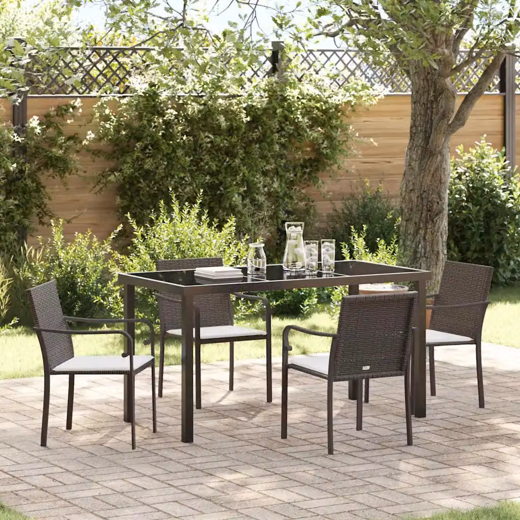 Set da pranzo per giardino vidaXL in rattan marrone e nero composto da 5 pezzi con tavolo quadrato L: 140 cm, P: 80 cm, H: 73 cm e 4 sedie