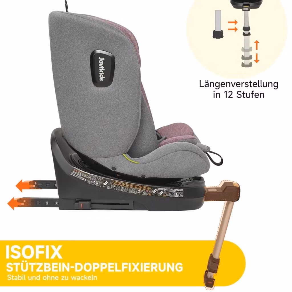 Seggiolino auto FOLYNA i-Size 40-150 cm con ISOFIX, girevole 360° e reclinabile, rosa e grigio, L/P/H: 53 x 46 x 63.5 cm – 2