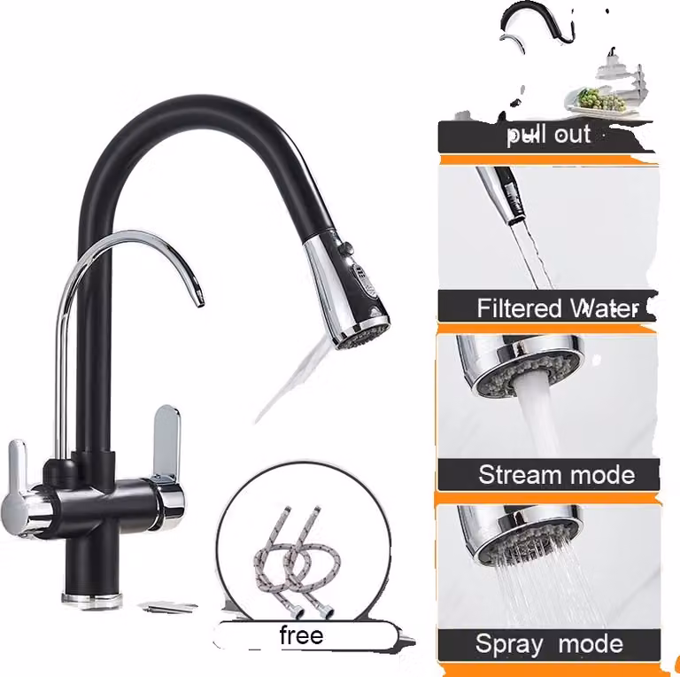 Rubinetto da cucina, design a doppia maniglia, funzione spray estraibile, cromo nero