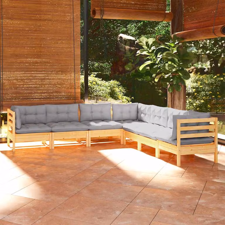 vidaXL Set Divani da Giardino 7 pz in Legno di Pino Massello con Cuscini Grigi a Forma di L