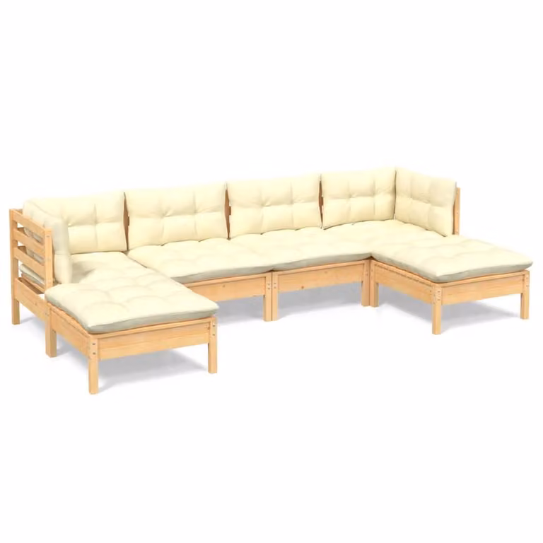 Set Salotto da Giardino 6 pz con Cuscini Crema Legno di Pino