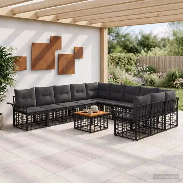 Set di divani da esterno 12 pz Nero e Grigio scuro Poliestere 3437783