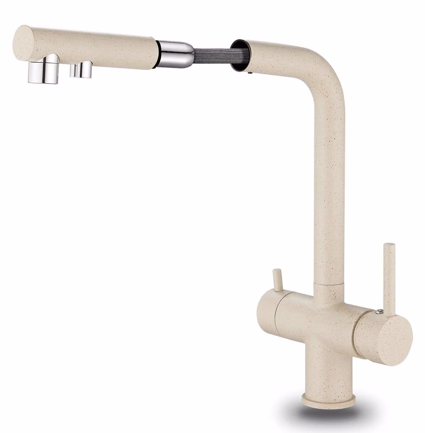 Miscelatore da cucina a tre vie, con doccetta estraibile, girevole a 360°, color beige