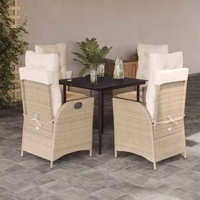 Set da pranzo da giardino vidaXL in polyrattan con cuscini beige e piano in vetro per 5 persone
