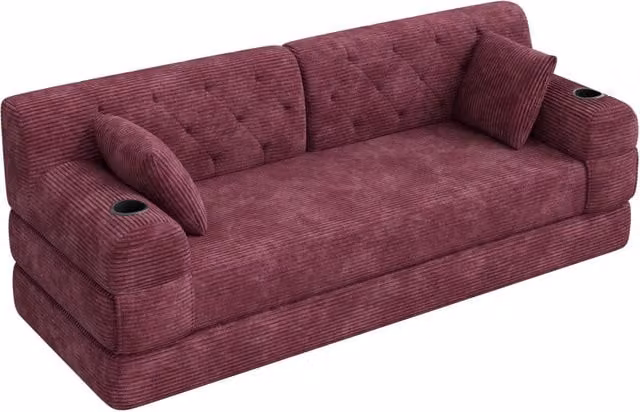 Divano letto 3 posti in tessuto a coste, schiuma ad alta densità, schienale alto, con 2 porta bevande e 4 tasche laterali, colore vino