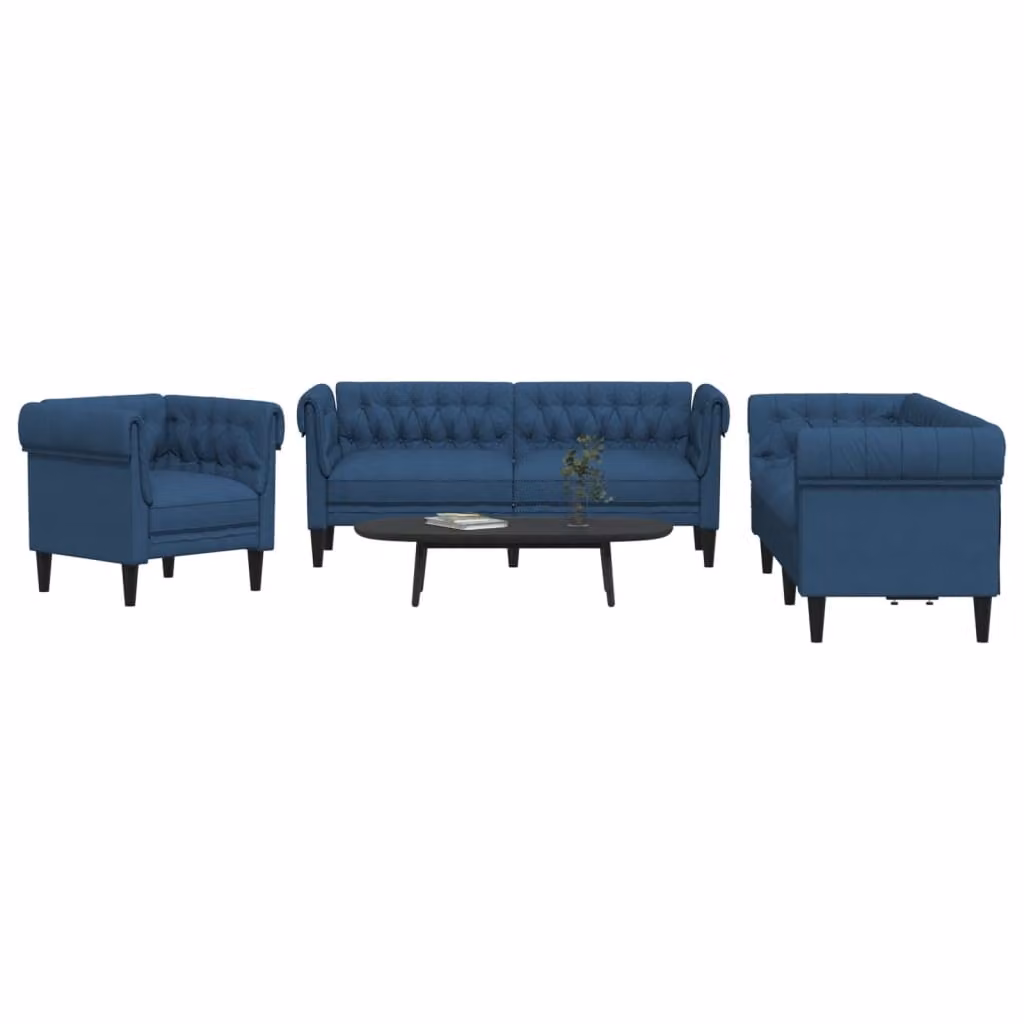 Set di divani 3 pezzi vidaXL blu in tessuto con struttura in legno massiccio e cuscini inclusi per soggiorno – 1