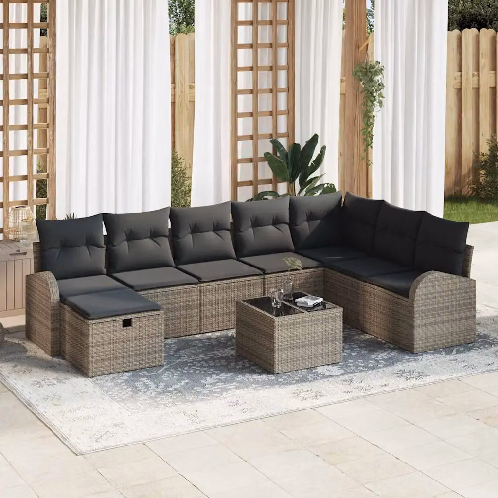 Set Divano da Giardino a L vidaXL 9 pz Grigio con Cuscini e Tavolino in Polyrattan e Acciaio – 1