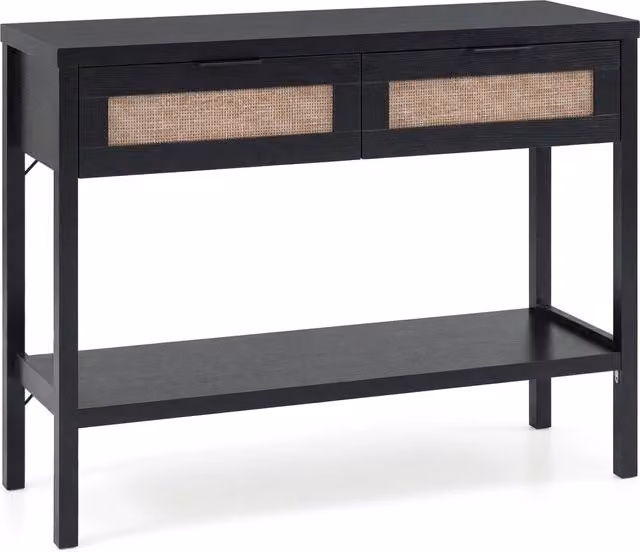 Consolle nera in legno e rattan con design minimalista per soggiorno, ingresso o ufficio, L: 100 cm, P: 35 cm, H: 76 cm