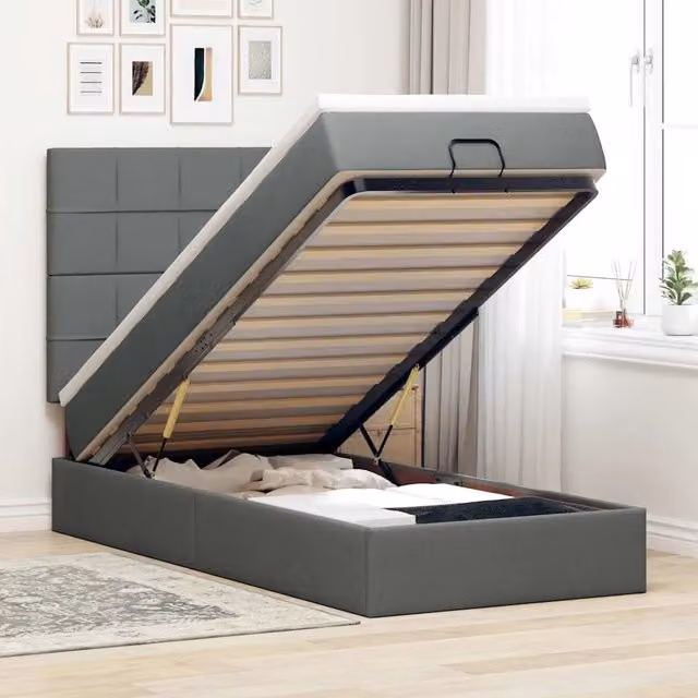 Letto con contenitore a sollevamento e materasso vidaXL in tessuto grigio e bianco L: 100 cm, P: 200 cm, H: 140 cm – 1