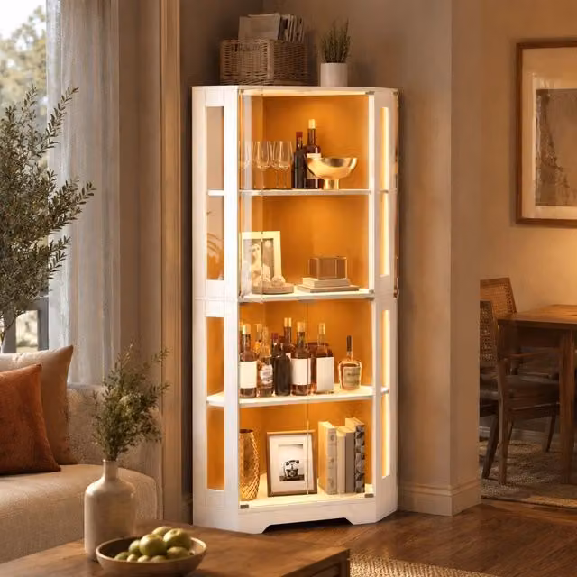 Vetrina alta bianca 40x40x165 cm con LED, presa e vano contenitore