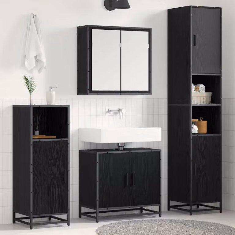 Set di mobili per il bagno moderno vidaXL in 3 pezzi, colore nero e rovere, con armadietto a specchio, mobile lavabo e colonna alta, L/P/H: 65 x 33 x 188,5 cm