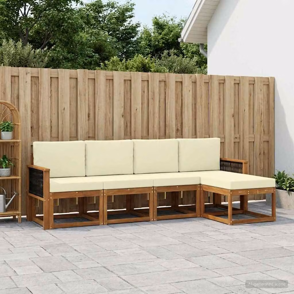 Set di divani da esterno a L vidaXL in legno di acacia con pouf e cuscini, Beige e Bianco