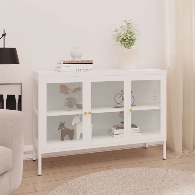 Credenza-Buffet-Armadio da cucina Bianca 105x35x70 cm in Acciaio e Vetro