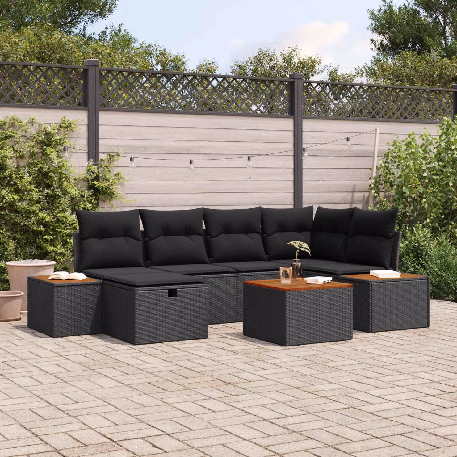 Set Divano da Giardino vidaXL 7 Pezzi in Polyrattan Nero con Cuscini e Tavolino da Esterno L/P/H: 55 x 62 x 69 cm – 1