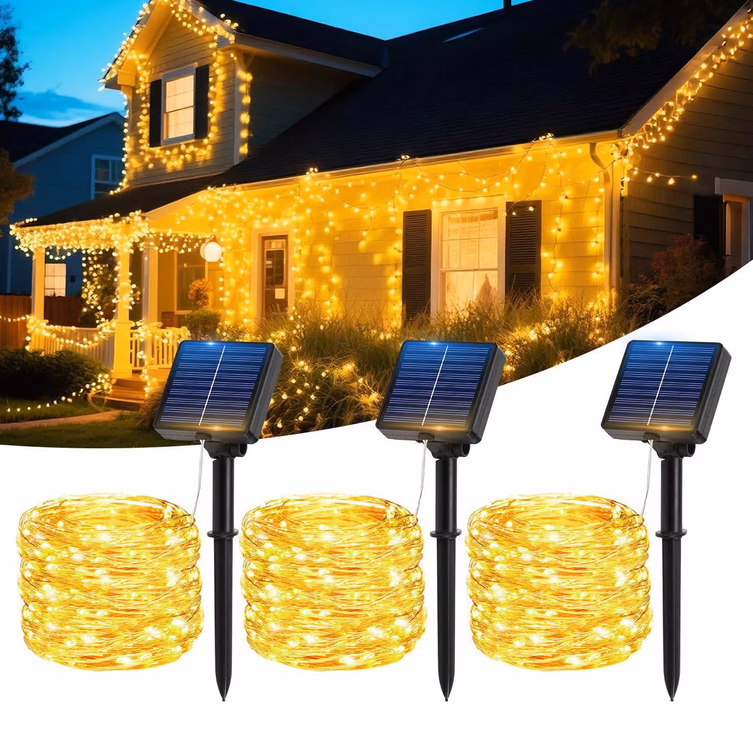 Catena luminosa solare, 3 x 17 metri, 150 LED, luce calda, grado di protezione IP65, 8 modalità