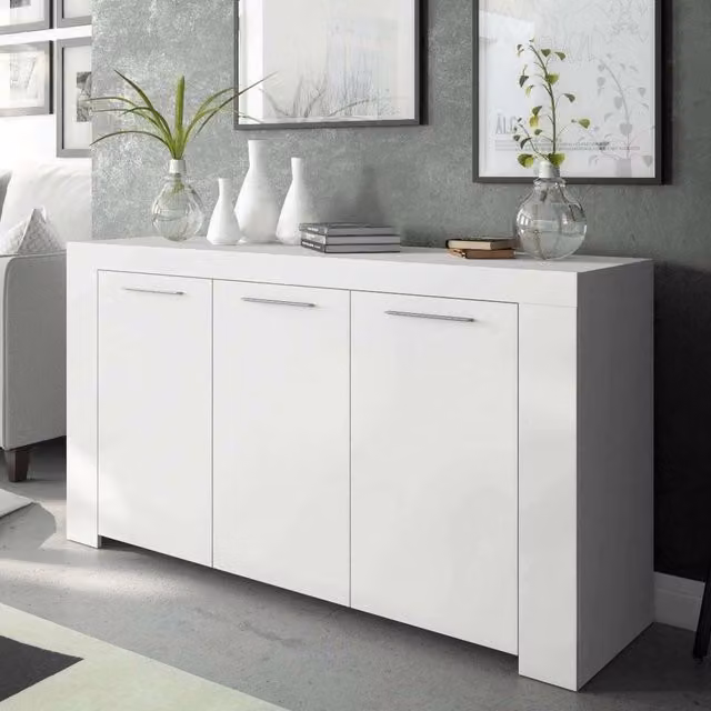 Credenza Amaculi DMORA, Madia moderna a 3 ante in legno e metallo per soggiorno, Bianco, L: 144 cm, P: 42 cm, H: 80 cm