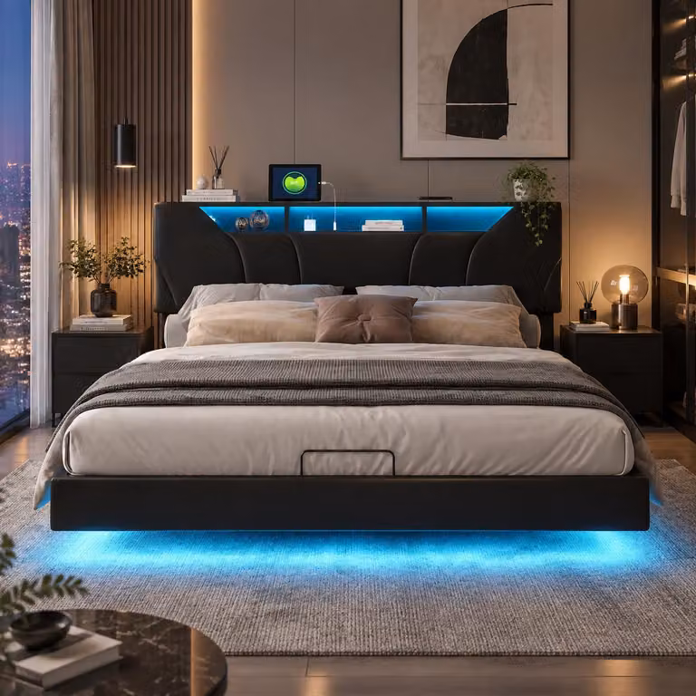 INONEFT Letto imbottito idraulico 160x200 cm con LED e USB, letto box sospeso con poggiatesta regolabile e spazio contenitore nascosto, colore nero