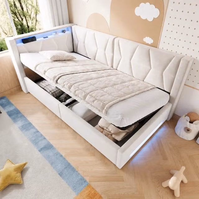 Letto singolo con contenitore Vovees Living in velluto beige con illuminazione LED e porte USB e Type-C, L/P: 90 x 200 cm