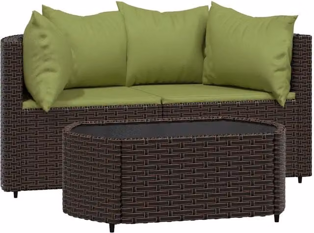Set Mobili da Giardino Moderno a Forma di L in Polyrattan con Cuscini e Tavolino, Marrone e Verde – 1