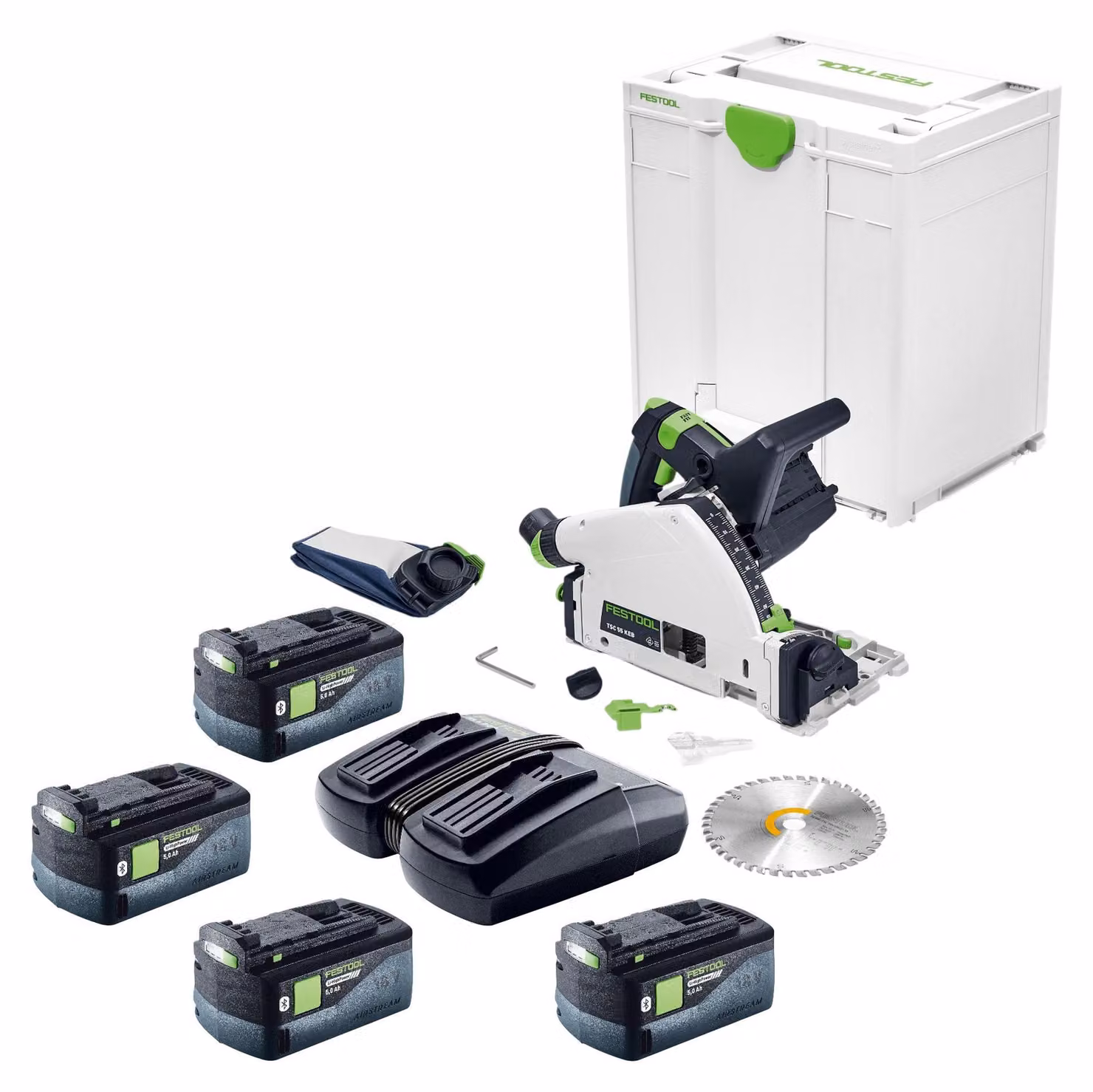 Festool TSC 55 KEB-Basic Sega a immersione a batteria 18 V / 36 V (2x 18 V) 160 mm Brushless + 4x batteria 5,0 Ah + caricabatterie + Systainer