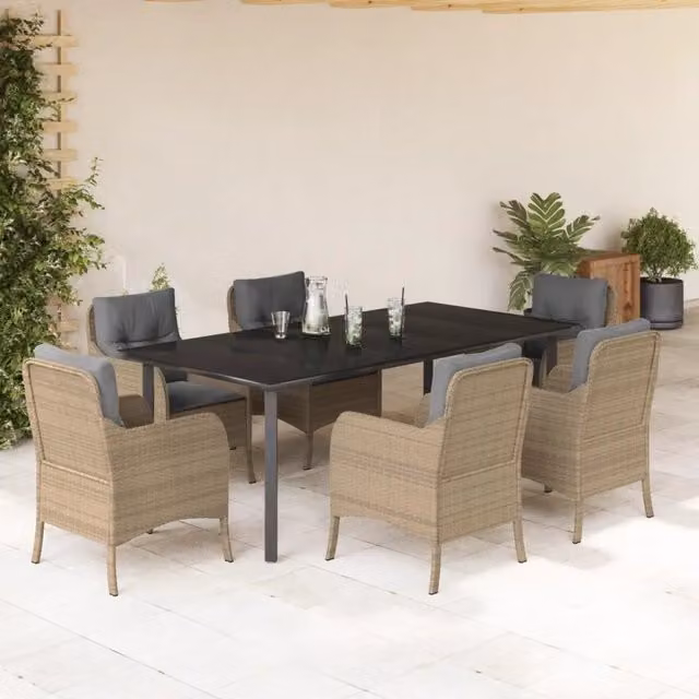 Set da pranzo da giardino vidaXL in polyrattan con tavolo in vetro e 7 pezzi con cuscini beige