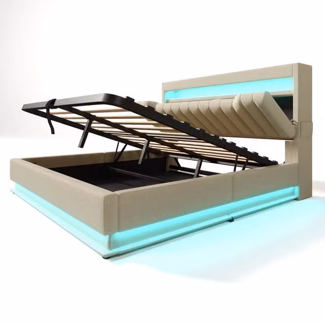 Letto imbottito beige 160x200 cm con contenitore idraulico, testiera con porte USB e Type-C, illuminazione LED integrata