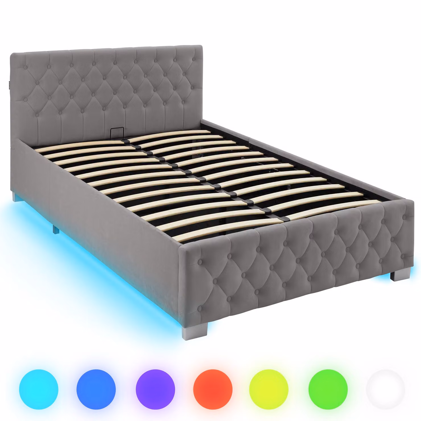 Letto imbottito modello Chesterfield tectake in velluto grigio con contenitore a sollevamento e illuminazione LED sotto il letto L/P: 120 x 200 cm – 3