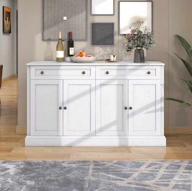 Sideboard bianco antico con 4 ante e 2 cassetti, 150x40x86 cm, design moderno con piano in MDF