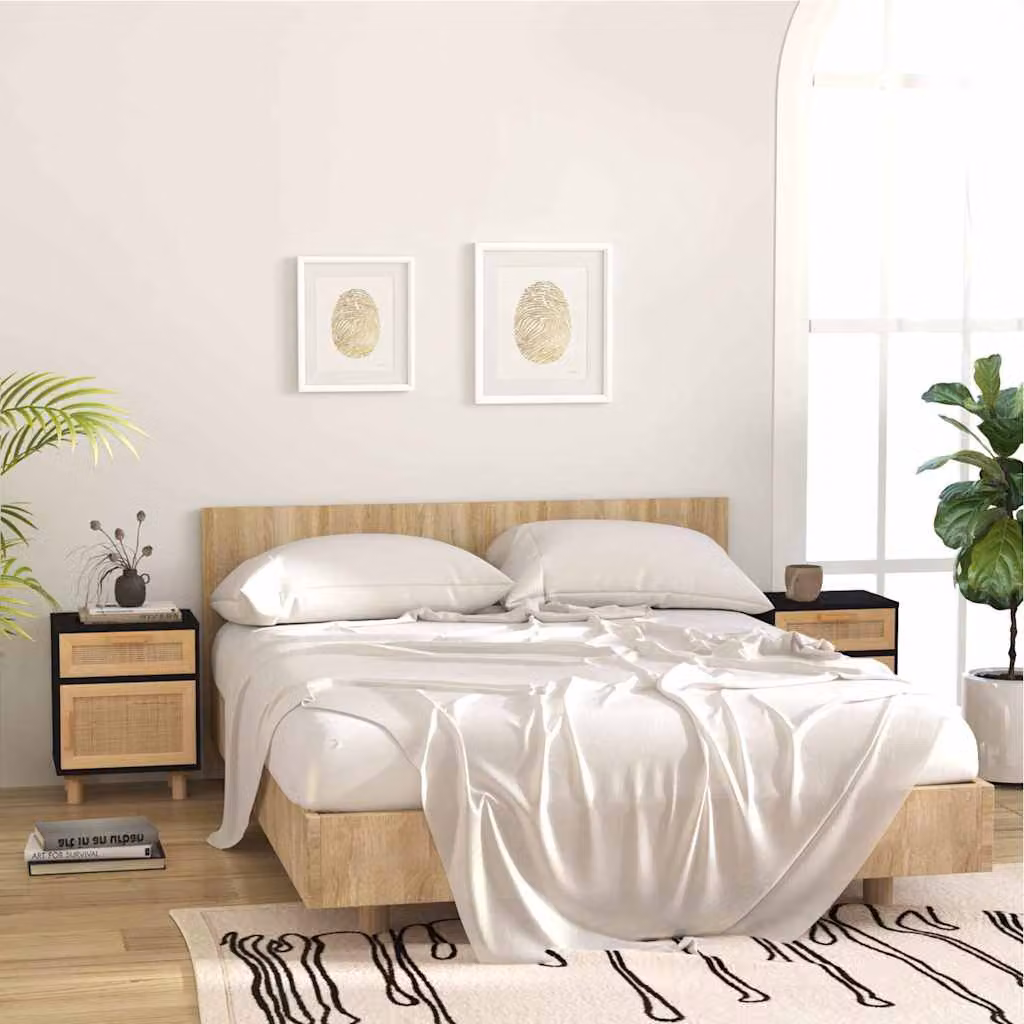 Set di 2 comodini vidaXL in legno di pino e rattan naturale, colore nero, stile scandinavo da appendere alla parete