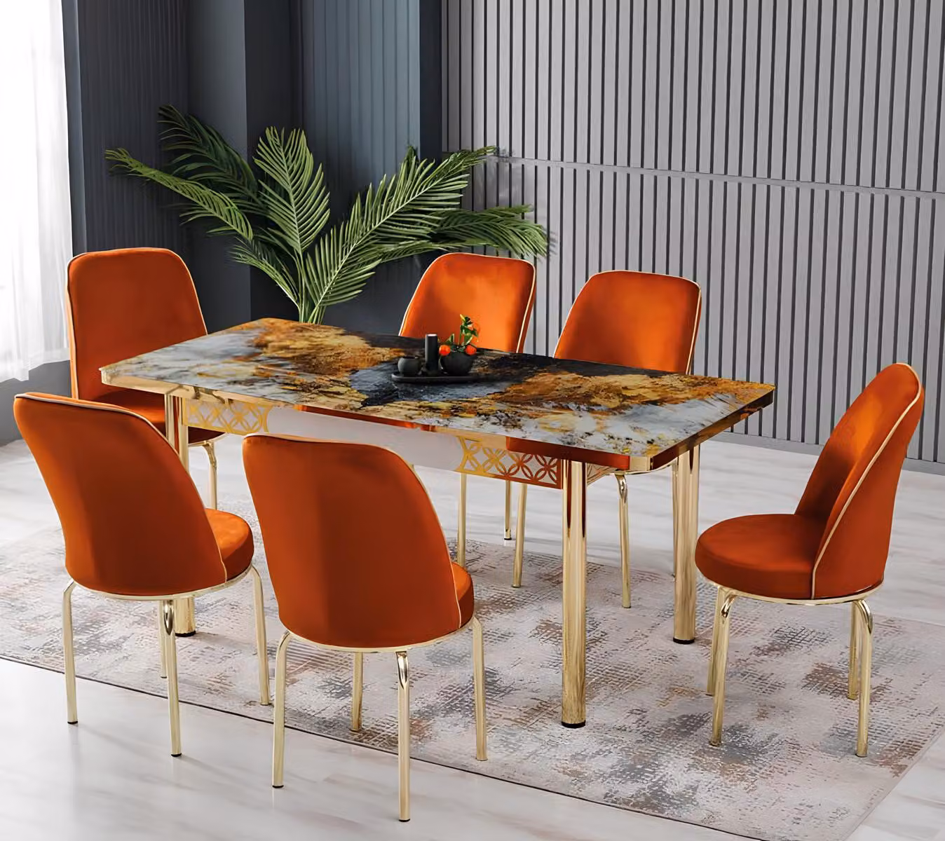 Tavoli da pranzo, set da pranzo, sedie, multicolore, arancione, rettangolare