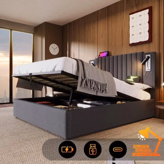 Letto imbottito contenitore 160x200 ¨C Minimal ¨C Grigio tessuto cotone testiera led USB rete a doghe