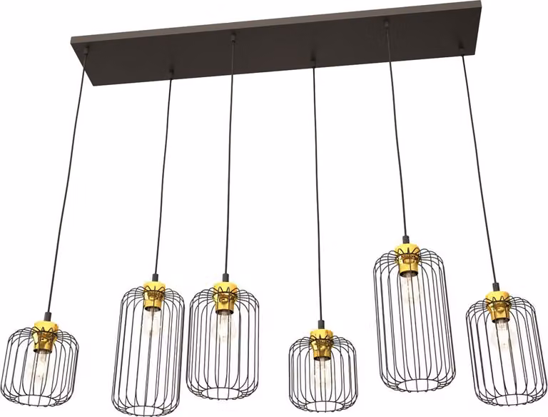 Lampada a sospensione industriale rettangolare nero-oro con 6 paralumi in filo metallico, regolabile, VANDER 6xE27 15W Emibig