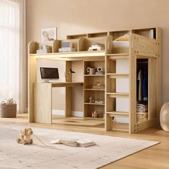 Letto a soppalco multifunzionale 90x200 cm con scrivania; armadio; vani portaoggetti; LED e presa; color legno