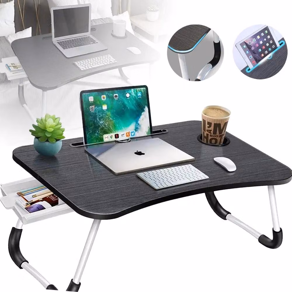 Tavolino pieghevole per laptop - Tavolino da letto - Con cassetto - Portabevande - In plastica - Rettangolare - Non richiede montaggio