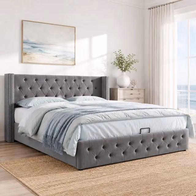 Letto matrimoniale imbottito 180 × 200 cm con vano contenitore idraulico in velluto grigio con rete a doghe
