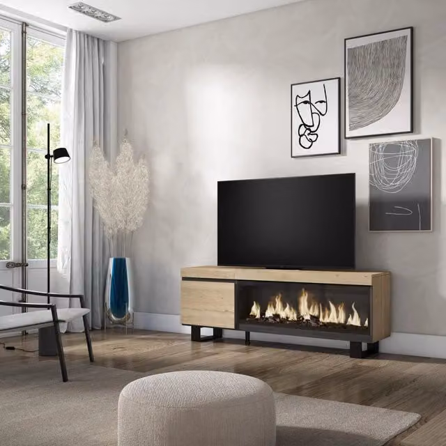 Mobile TV Soggiorno, 158x35x57cm, Per TV fino a 65", Camino elettrico XXL, Design industriale, colore Rovere RF3252
