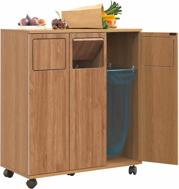 Mobile contenitore con 3 vani; ruote e ante a 180° - per cucina - 69.3×35×80.3 cm - naturale