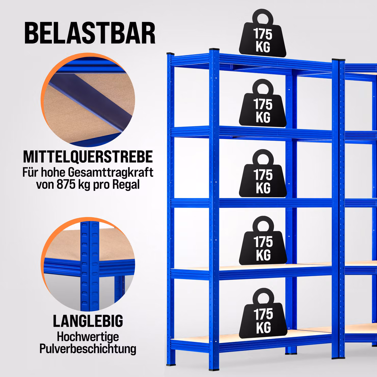 Set di 3 scaffali angolari in acciaio MONZANA blu, portata 875 kg per scaffale, H: 180 cm, L: 70 cm, P: 40 cm – 3