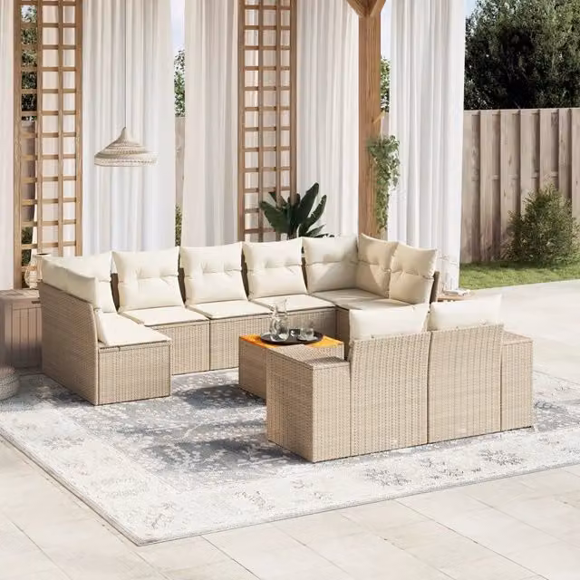 Set Divano da Giardino a L vidaXL in Polyrattan con Cuscini Beige e Tavolino da Esterno 10 Pezzi – 1