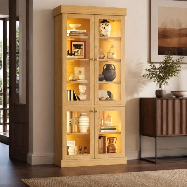 Armadio alto REDOM con ante in vetro, ripiani interni e illuminazione LED integrata, finitura legno naturale, L: 80 cm, P: 40 cm, H: 180 cm