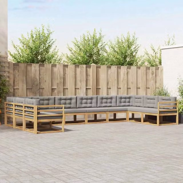 Set di divani da esterno a L vidaXL in legno di acacia con cuscini bianchi e grigi – 1
