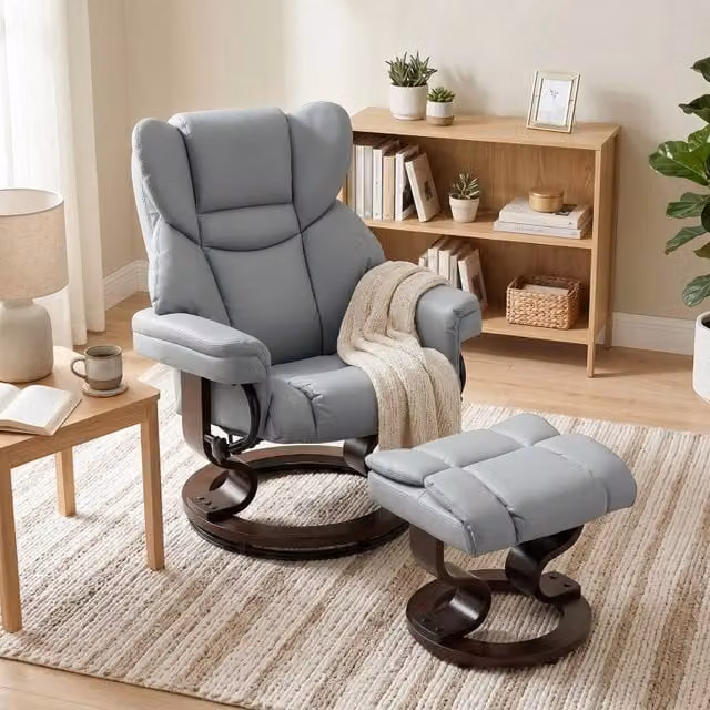 Fauteuil relax girevole con poggiapiedi e schienale reclinabile a 145°, in PU e metallo, grigio chiaro