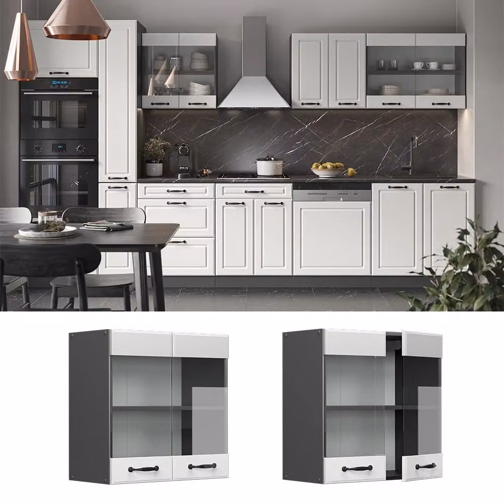 Pensile da cucina Vicco R-Line Bianco rustico e Antracite con ante in vetro e L: 60 cm – 2