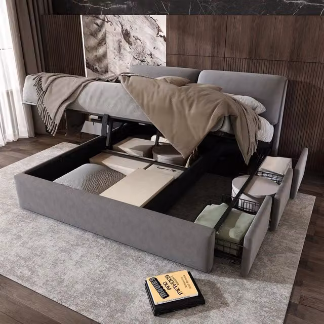 Letto Contenitore Imbottito in Velluto ¨C Xylo ¨C Grigio 160x200, Cassetti, Testiera, Rete a Doghe