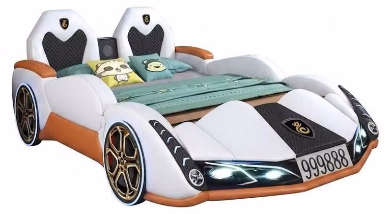 Letto per bambini bianco e nero, design automobilistico, altoparlante Bluetooth, luci LED