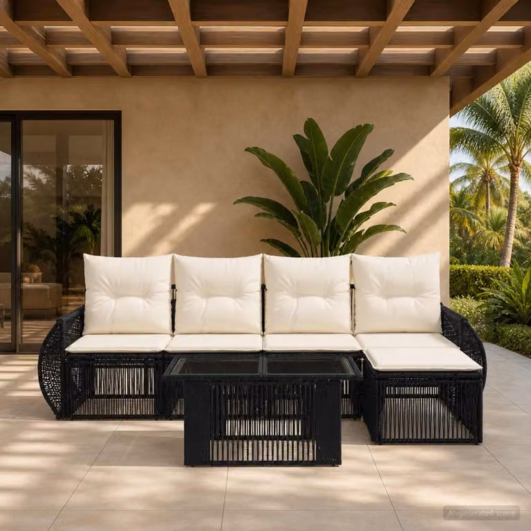 Set Divano da Giardino vidaXL 6 pz in Polyrattan Nero e Bianco Crema con Cuscini e Tavolino
