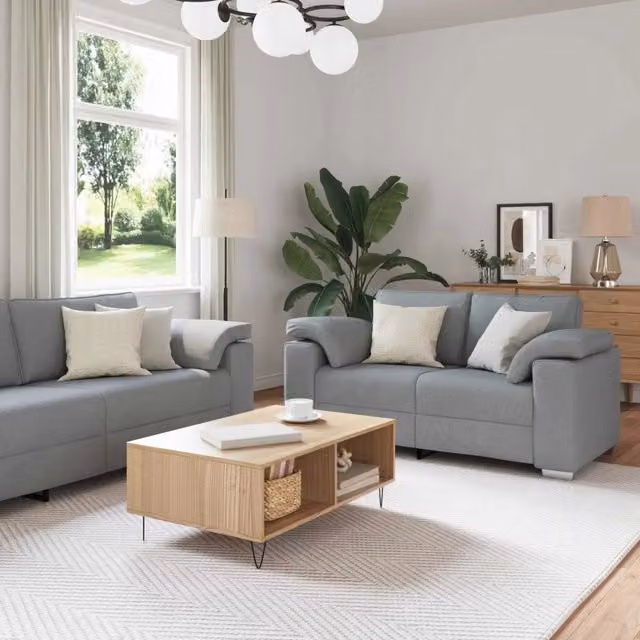 Divano due posti vidaXL in tessuto grigio per soggiorno con cuscini inclusi L: 219 cm, P: 82 cm, H: 77 cm