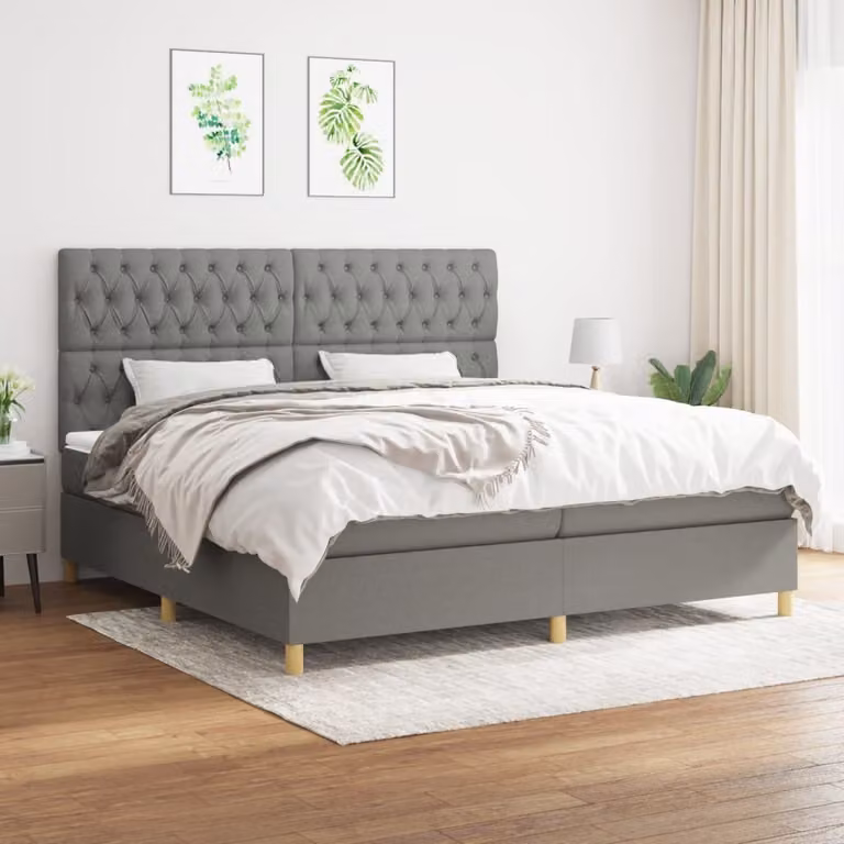 The Living Store Letto a molle con materasso grigio scuro 200x200 cm in tessuto