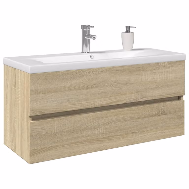 Set di mobili da bagno vidaXL in 2 pezzi in ceramica e legno multistrato color bianco, marrone e beige, con vanità sospesa e finitura opaca